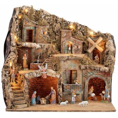 Presepe Illuminato Fontana e Mulino Funzionante con Statue Landi cm 55x40x52 h