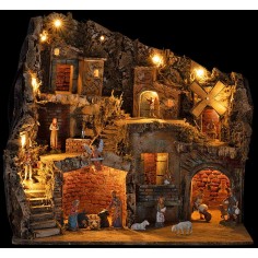 Presepe Illuminato Fontana e Mulino Funzionante con Statue Landi cm 55x40x52 h 2