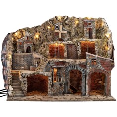 Presepe Illuminato con Fontana, Mulino e Forno Funzionanti cm 80x51x65 h