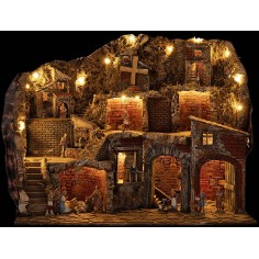 Presepe Illuminato con Fontana, Forno e Mulino Funzionanti con Statue Landi cm 80x51x65 h 2