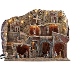 Presepe Illuminato con Fontana, Forno e Mulino Funzionanti con Statue Landi cm 80x51x65 h