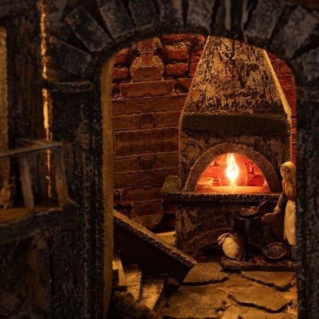 Presepe Illuminato con Fontana, Forno e Mulino Funzionanti con Statue Landi cm 80x51x65 h