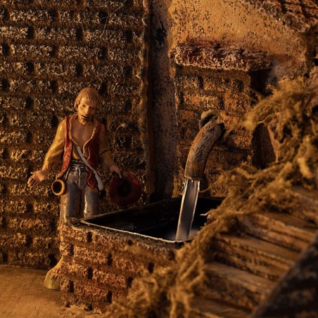 Presepe Illuminato con Fontana, Forno e Mulino Funzionanti con Statue Landi cm 80x51x65 h