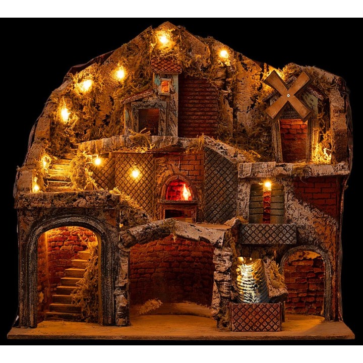 Presepe Illuminato con Forno, Ruscello e Mulino a Vento Funzionanti, cm 60x62x38 h