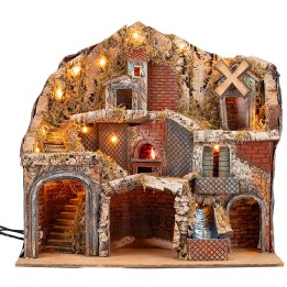 Presepe Illuminato con Forno, Ruscello e Mulino a Vento Funzionanti, cm 60x62x38 h