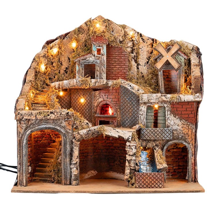Presepe Illuminato con Forno, Ruscello e Mulino a Vento Funzionanti, cm 60x62x38 h