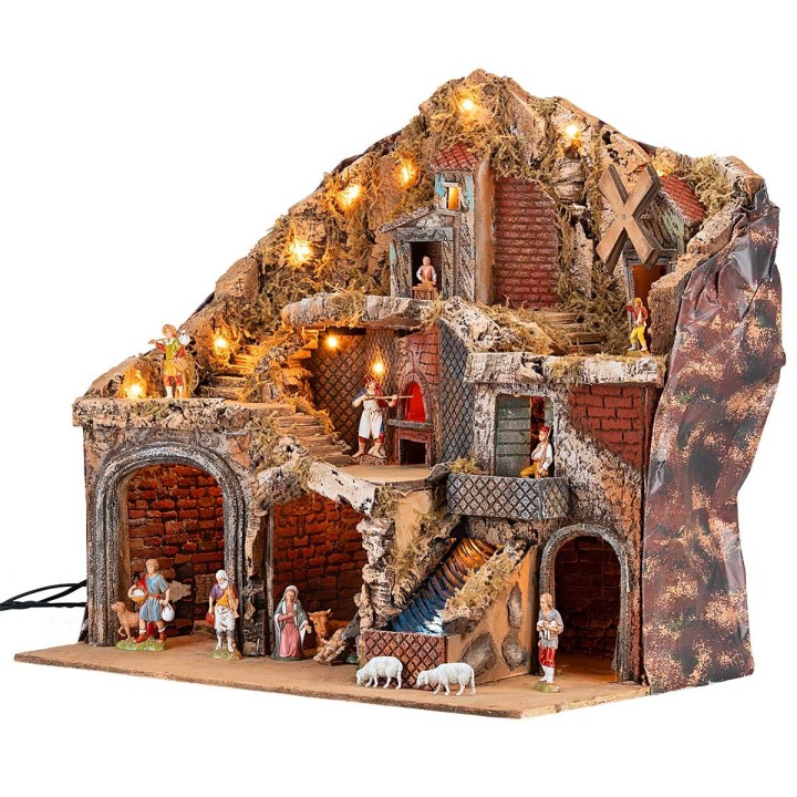 Presepe Illuminato con Ruscello, Forno e Mulino a Vento Funzionanti, con Statue Landi 60x62x38 cm