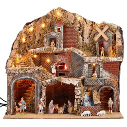 Presepe Illuminato con Ruscello, Forno e Mulino a Vento Funzionanti, con Statue Landi 60x62x38 cm
