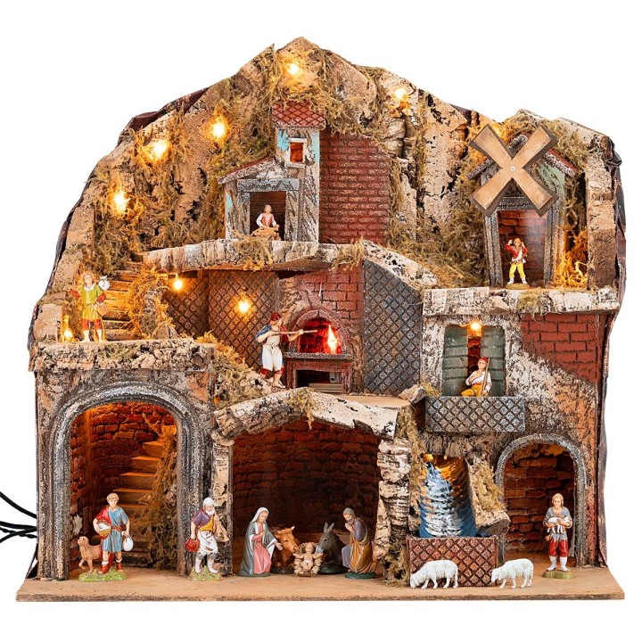 Presepe Illuminato con Ruscello, Forno e Mulino a Vento Funzionanti, con Statue Landi 60x62x38 cm