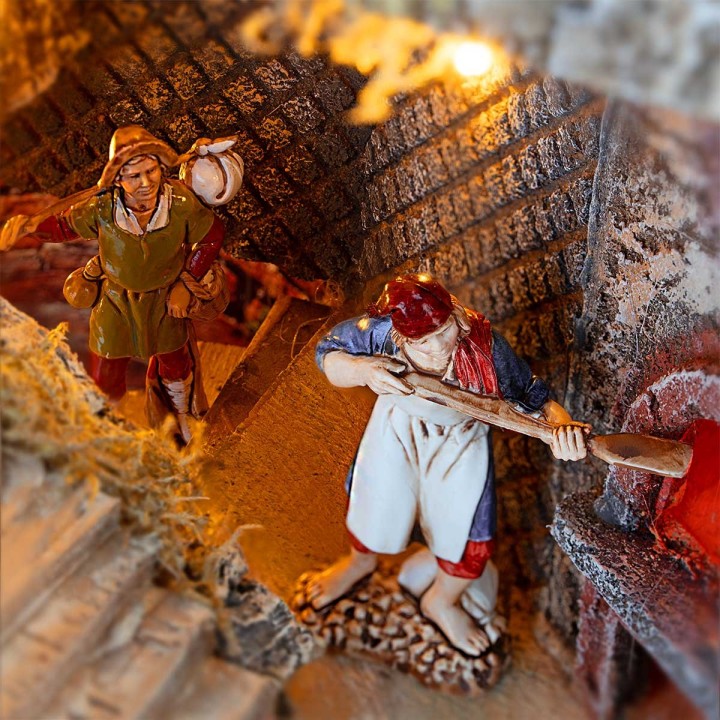 Presepe Illuminato con Ruscello, Forno e Mulino a Vento Funzionanti, con Statue Landi 60x62x38 cm
