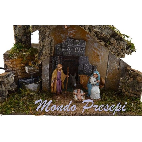 Hut with nativity Landi cm 10 fountain running cm 36x17x23 h.