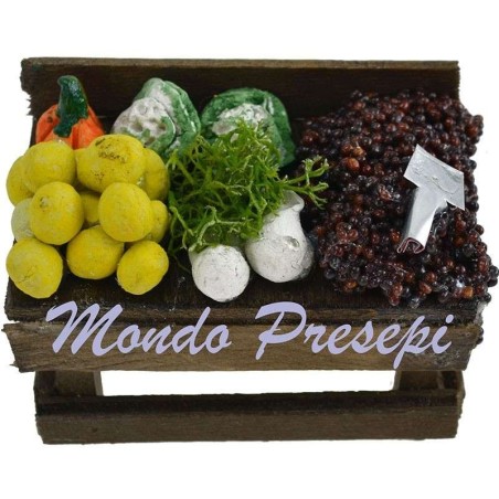 Banco con frutas y verduras para belén de 6,5x3,5x5 cm h. Mondo