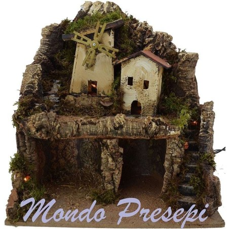 Mulino a vento sulle montagne con grotta e luci cm 42x35x38 h.