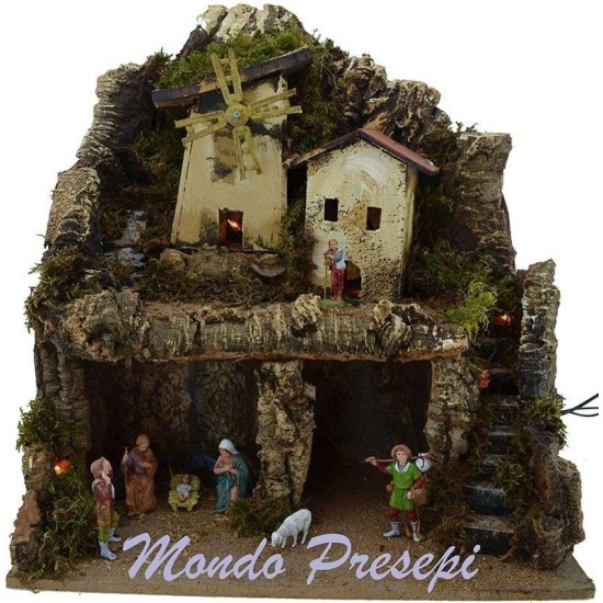 Presepe completo con mulino a vento e luci cm 42x35x38 h. Mondo