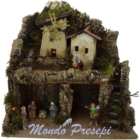Complete nativity scene with windmill and lights cm 42x35x38 h.