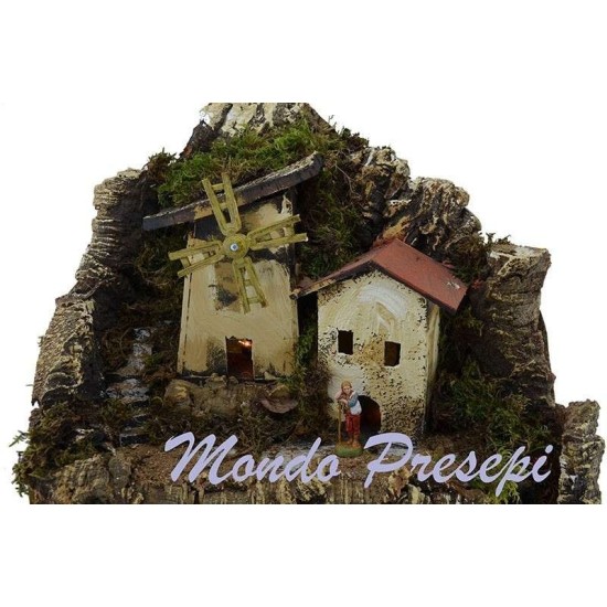 Pesebre completo con molino de viento y luces cm 42x35x38 h.