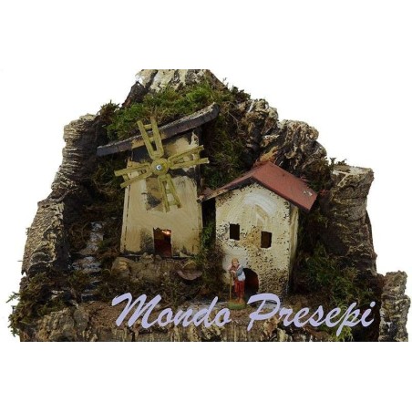 Pesebre completo con molino de viento y luces cm 42x35x38 h.