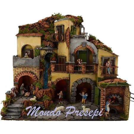 Presepe con borgo illuminato con cascata 60x40 Mondo Presepi