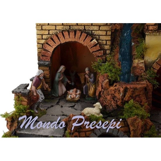 Belén con pueblo iluminado con cascada 60x40 Mondo Presepi